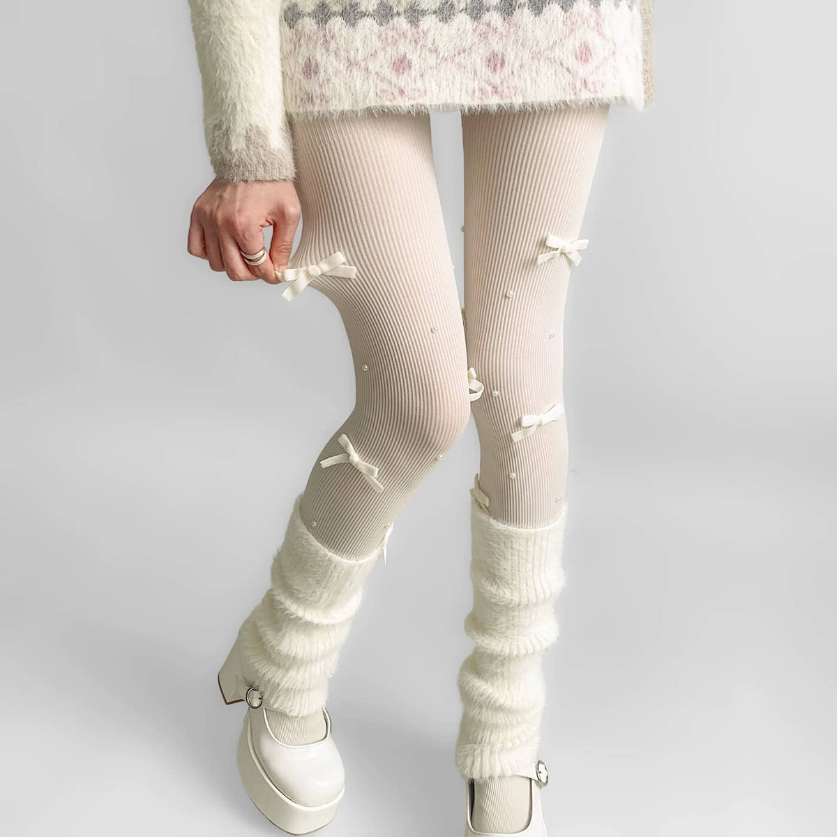 Sweet Lolita White Bow Pearl Ribbed Tights BY1190