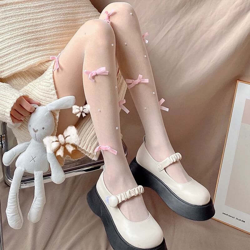 Sweet Lolita White Bow Pearl Ribbed Tights BY1190