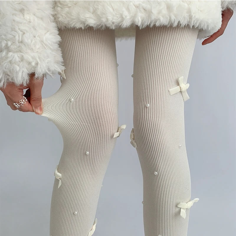 Sweet Lolita White Bow Pearl Ribbed Tights BY1190