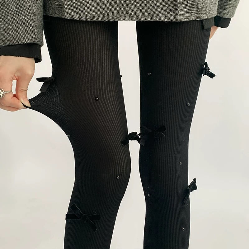Sweet Lolita White Bow Pearl Ribbed Tights BY1190