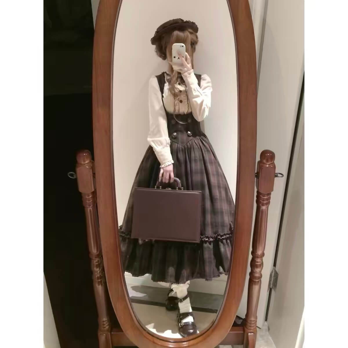Vintage Chocolate Plaid Bustier Lolita Dress Set BY1180