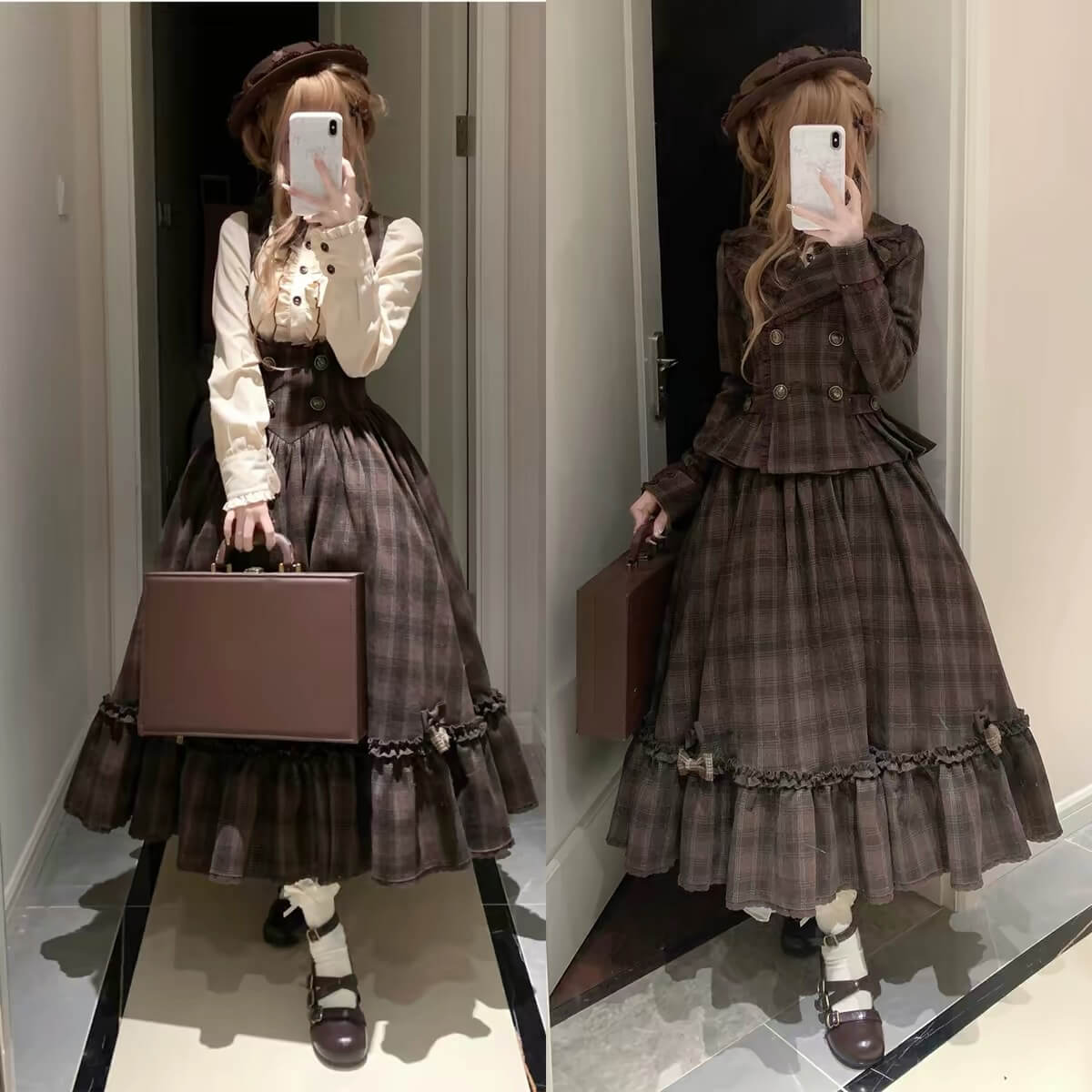 Vintage Chocolate Plaid Bustier Lolita Dress Set BY1180