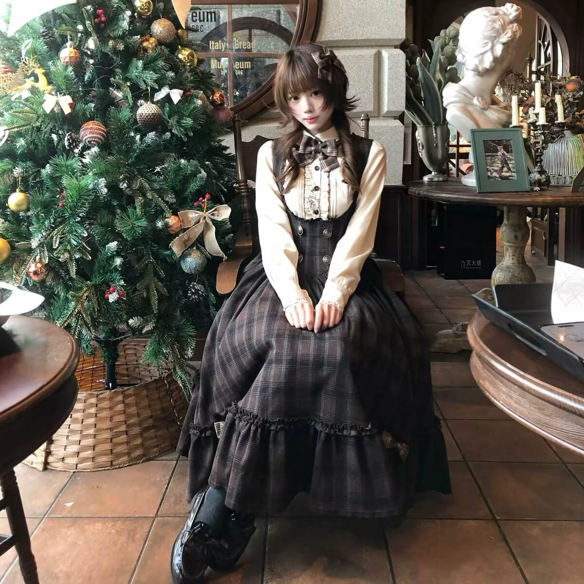 Vintage Chocolate Plaid Bustier Lolita Dress Set BY1180