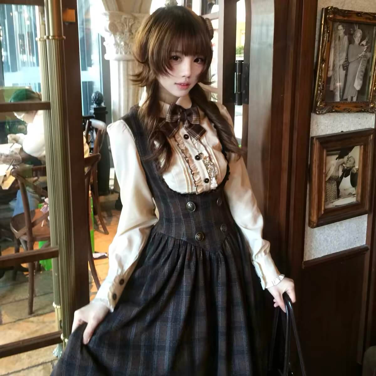 Vintage Chocolate Plaid Bustier Lolita Dress Set BY1180