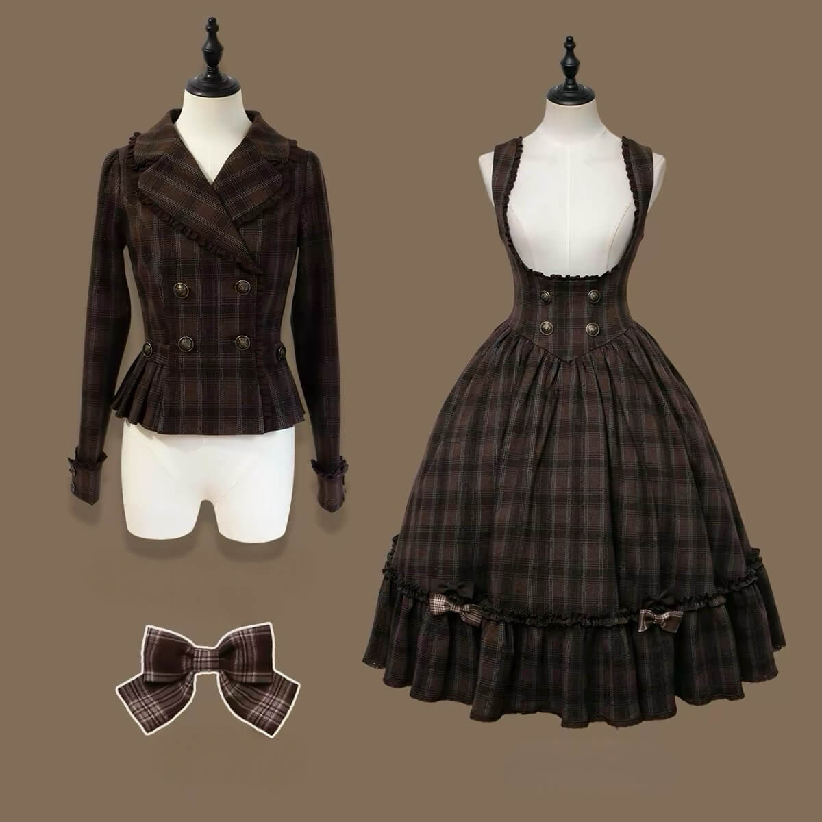 Vintage Chocolate Plaid Bustier Lolita Dress Set BY1180