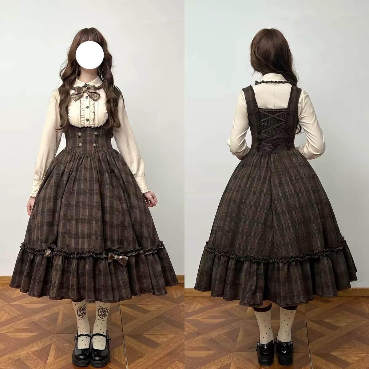 Vintage Chocolate Plaid Bustier Lolita Dress Set BY1180