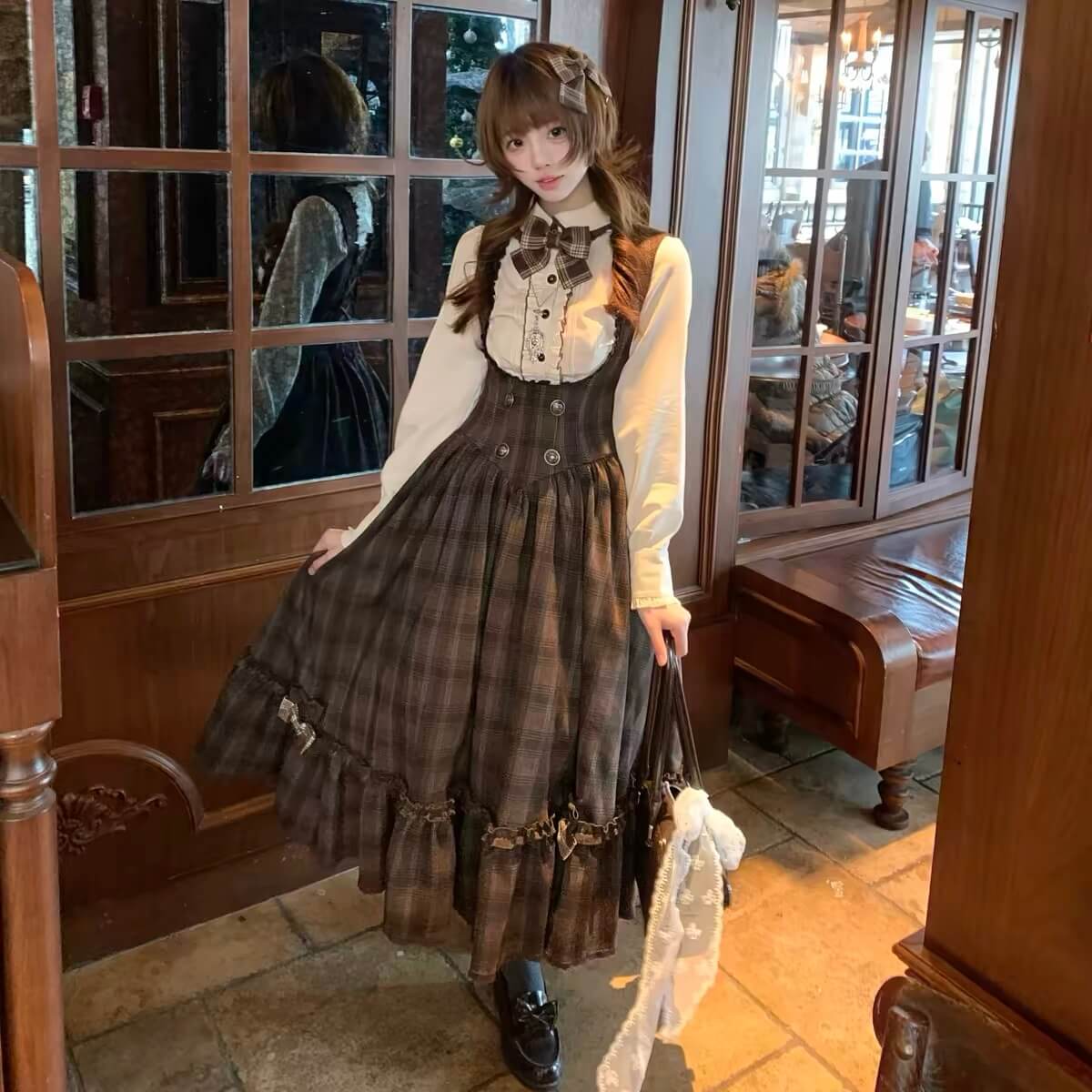 Vintage Chocolate Plaid Bustier Lolita Dress Set BY1180