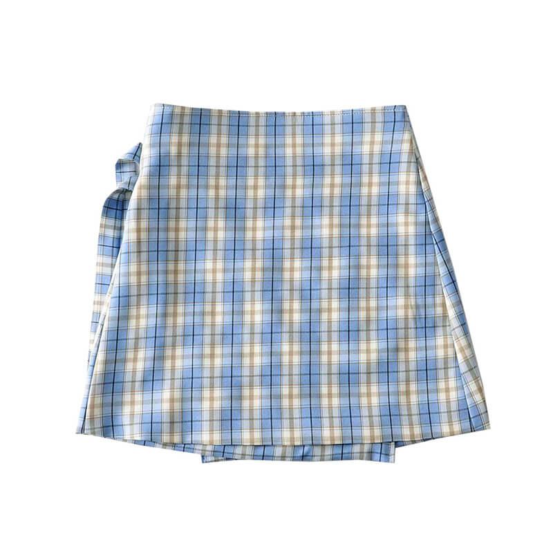 American retro niche blue plaid high waisted irregular diagonal skirt BY9132