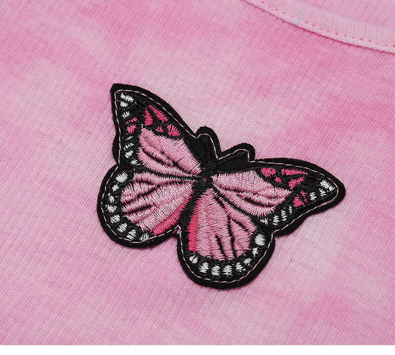 INS Pink Tie Dyed Butterfly Embroidery T-shirt BY1010