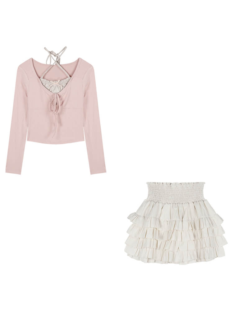 Sweet ballet pink long sleeve top & high waist cake skirt BY1123