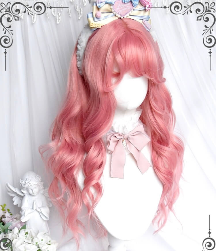 Lolita cute girl peach pink air bang long curly wig |love letter| BY6214