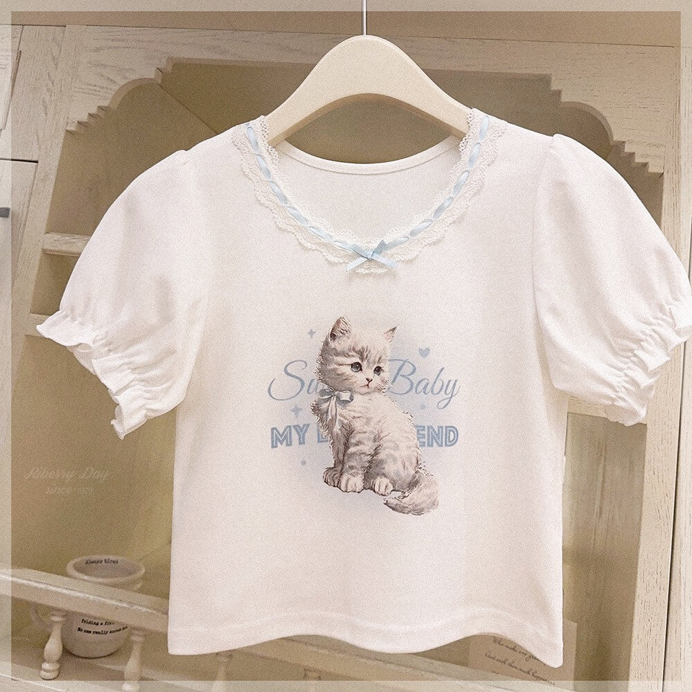 Cute cat girly lace white T-shirt BY6015