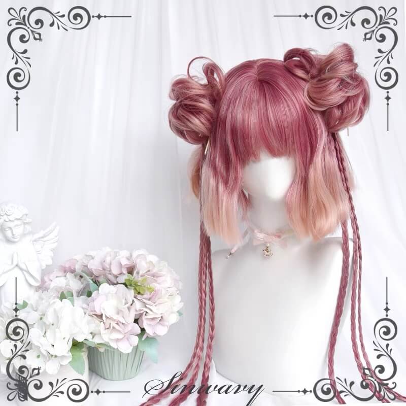 Lolita fluffy flower ball three braid ponytail pink Chinese style flower bud wig - | berry fruit bubble| BY8220