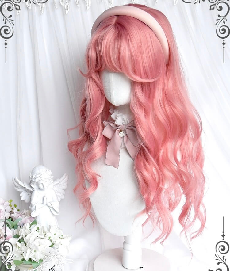 Lolita cute girl peach pink air bang long curly wig |love letter| BY6214