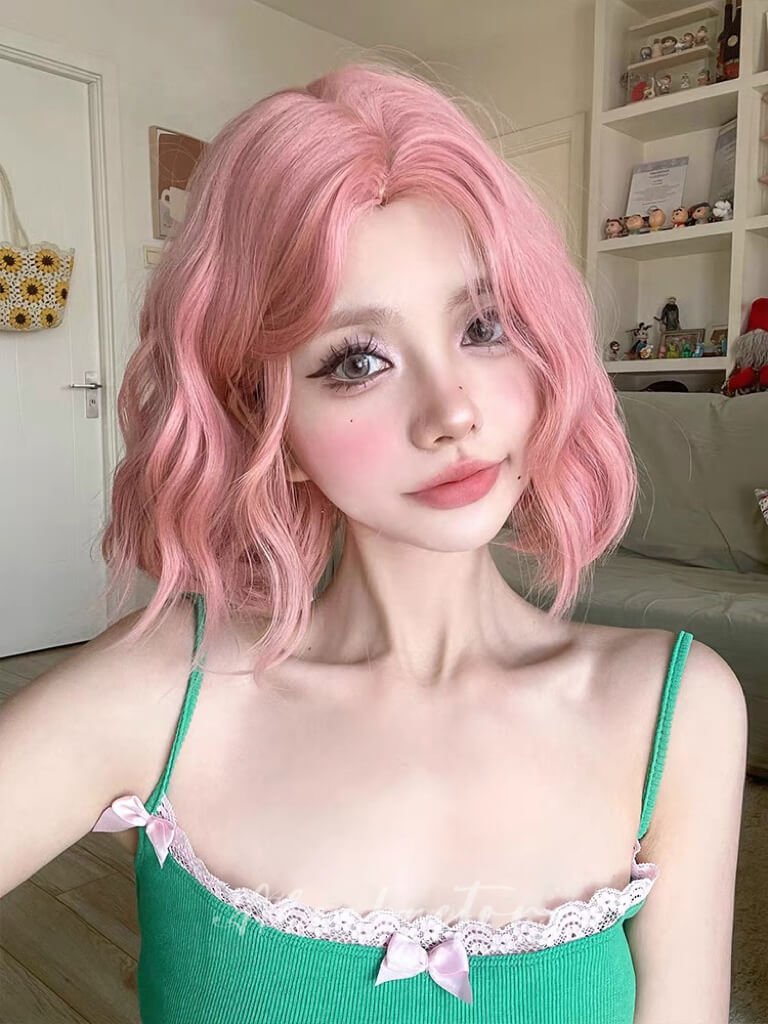 Lolita sweet pink short curly wig BY8233