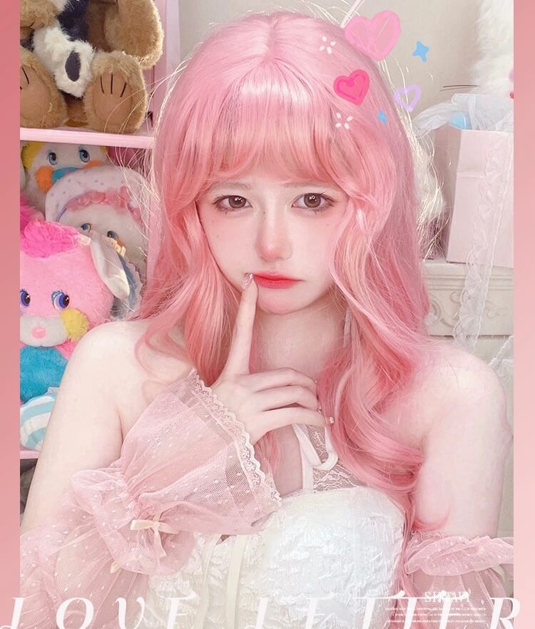 Lolita cute girl peach pink air bang long curly wig |love letter| BY6214