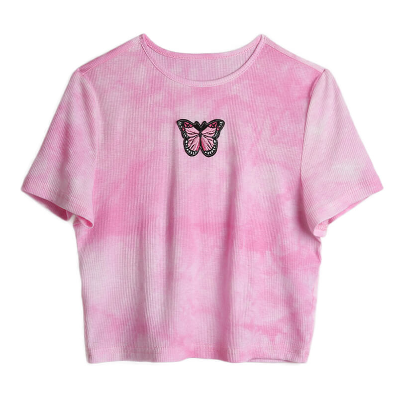 INS Pink Tie Dyed Butterfly Embroidery T-shirt BY1010