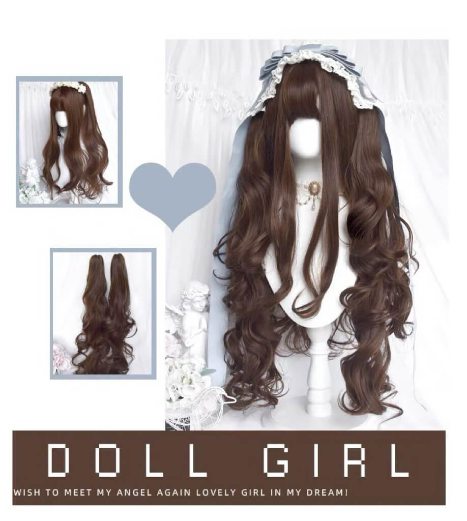 Cute Natural Lolita Brown Long Curly Double Ponytail Doll Wig BY1130