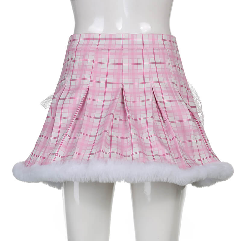 Ins Spice Girl wool stitched Pink Plaid pleated skirt BY4088