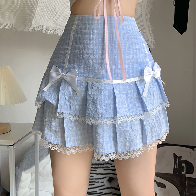 Fresh blue bow lace plaid skirt BY4097
