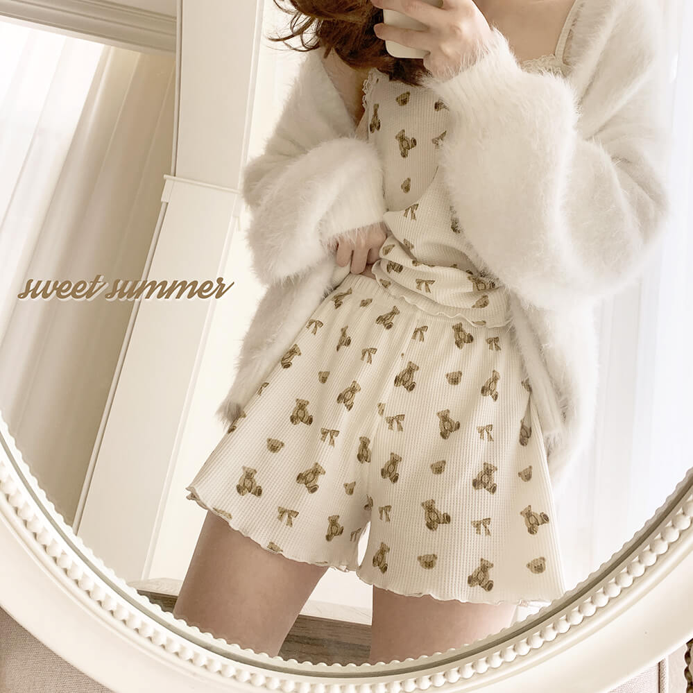 Cute bear lace suspender shorts Pajama Set BY5015