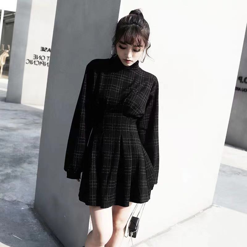 AUTUMU NEW CHEQUER WAIST-TIED LONG-SLEEVE DRESS BY71117 | aleeby