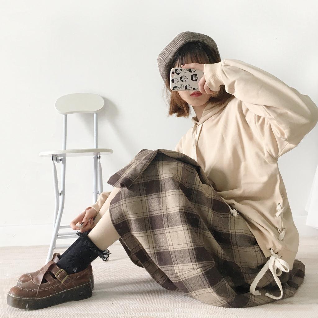 RETRO CHOCOLATE PLAID WOOL SKIRT BY61120