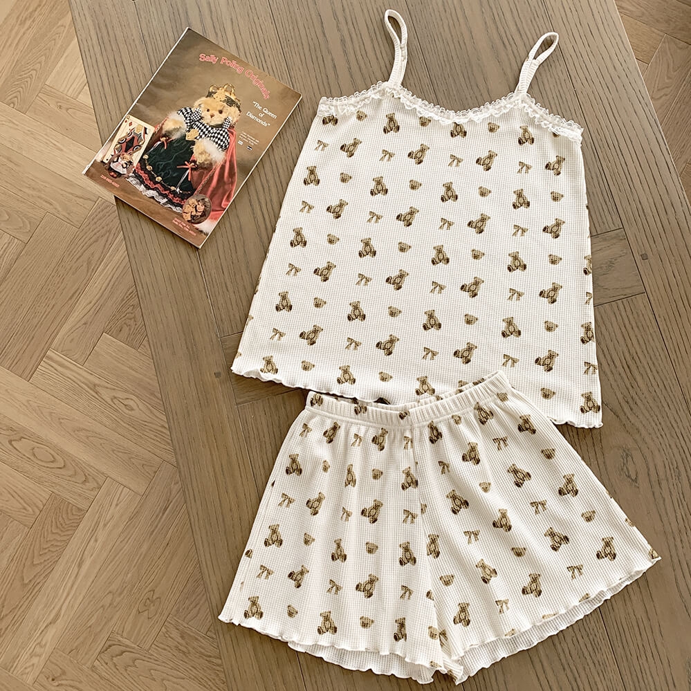 Cute bear lace suspender shorts Pajama Set BY5015