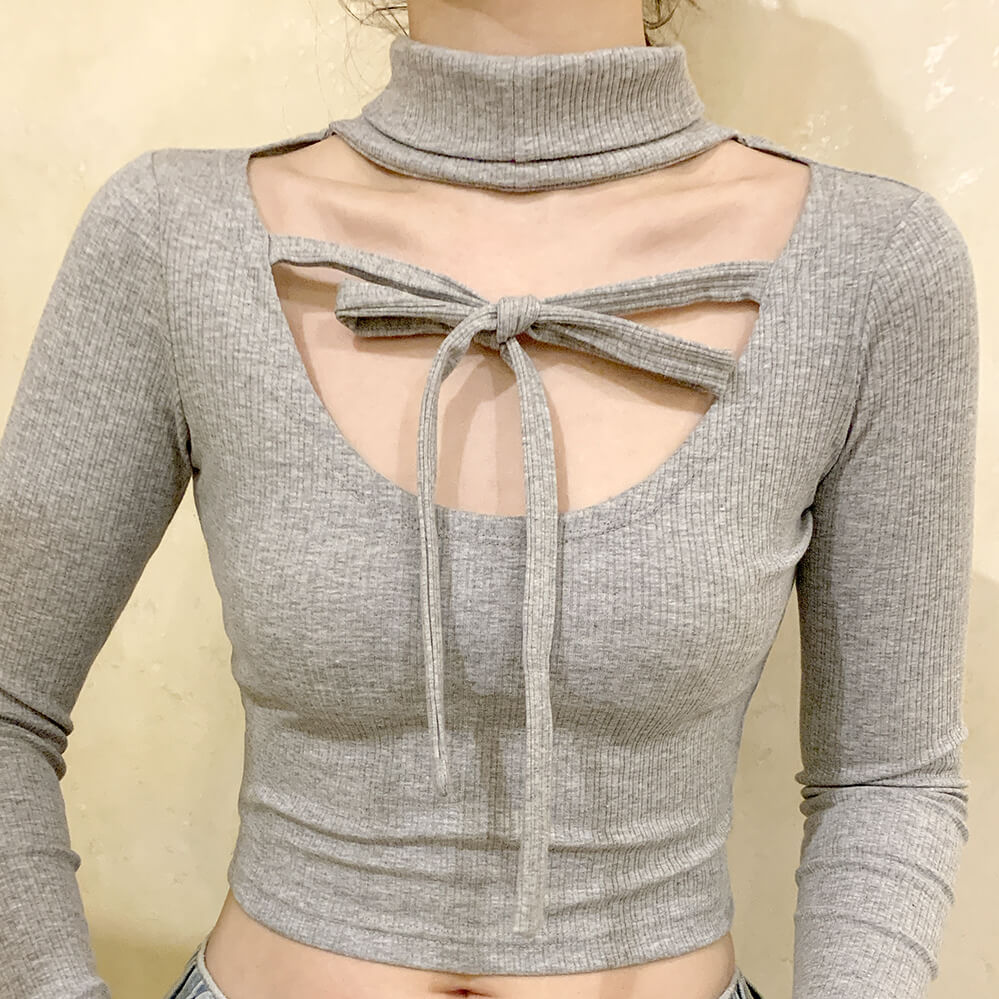 Cute girl bow sexy backless long sleeve Slim short knit T-shirt BY9061
