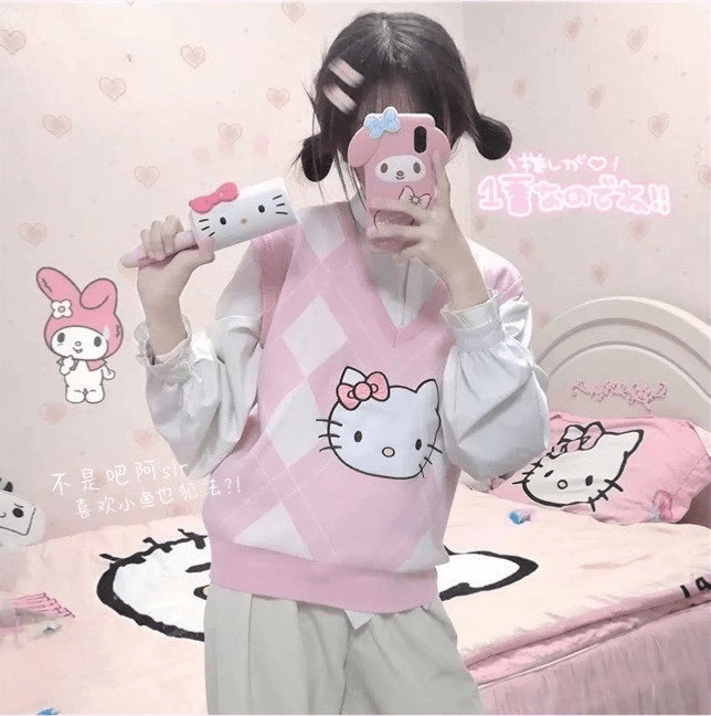 CUTE “HELLO KITTY" PASTEL PINK KNIT VEST BY9001