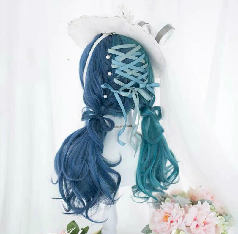 BLUE GREEN STITCHING LONG CURLS WIG BY31120