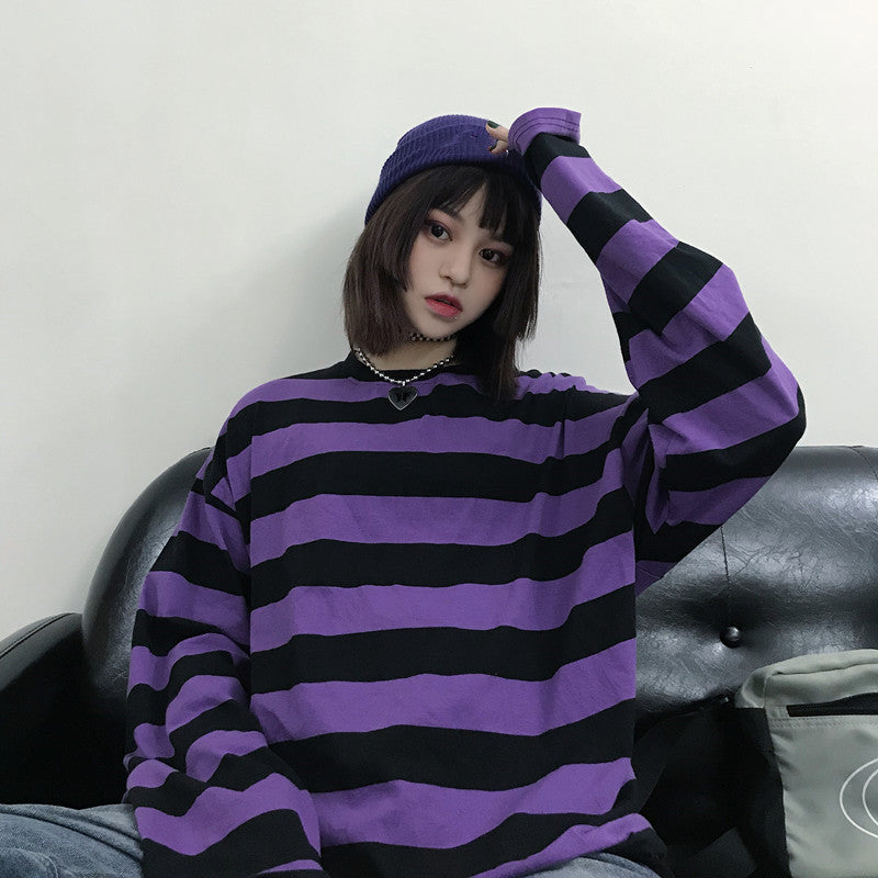 CHIC PURPLE STRIPE LONG-SLEEVE T-SHIRT BY22473 | aleeby
