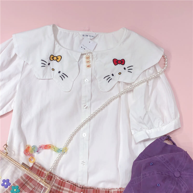 CUTE CAT EMBROIDERY WHITE SHIRT BY42906