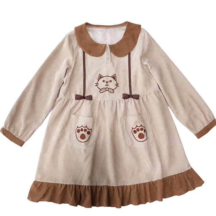 CUTE CAT EMBROIDERY CORDUROY DRESS BY71115