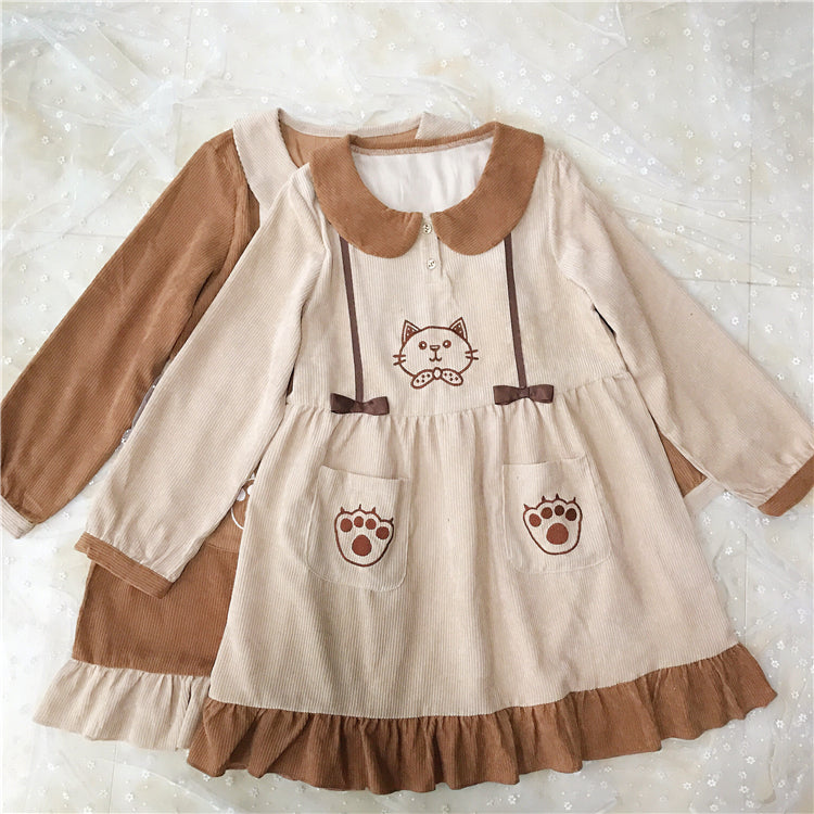 CUTE CAT EMBROIDERY CORDUROY DRESS BY71115