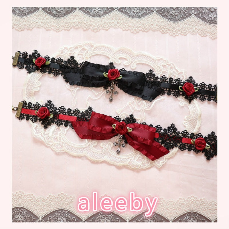 DARK LOLITA ROSE LACE CROSS CHOKER BY13010