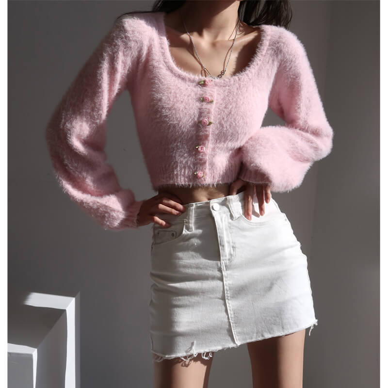FRENCH STYLE PINK FLUFFY FLORAL CARDIGAN SWEATER BY90007