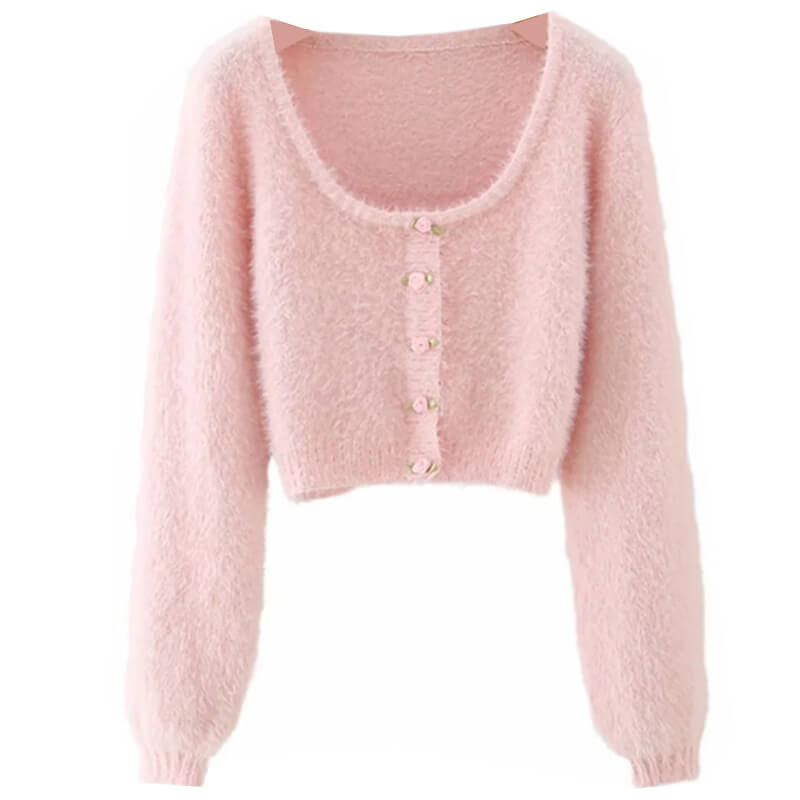 FRENCH STYLE PINK FLUFFY FLORAL CARDIGAN SWEATER BY90007