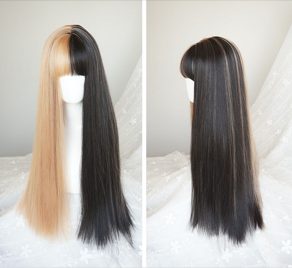 GOTHIC AIR BANGS BLACK GOLDEN LONG STRAIGHT WIG BY31007