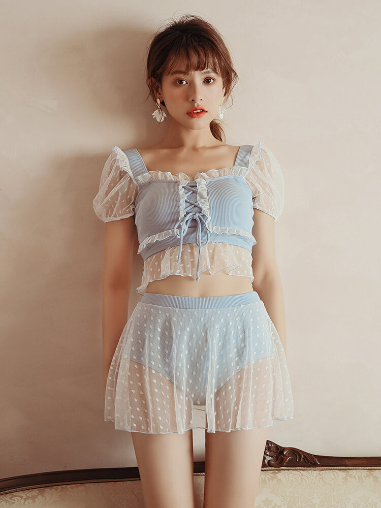 JAPANESE SWEET CUTE BLUE MESH TWO-PIECE SWIMSUIT BY61705