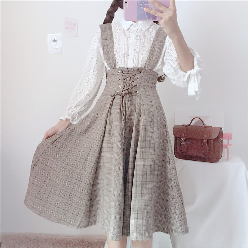 JAPANESE SWEET SOFTGIRL LACE SHIRT & PLAID SUSPENDERS DRESS BY98052