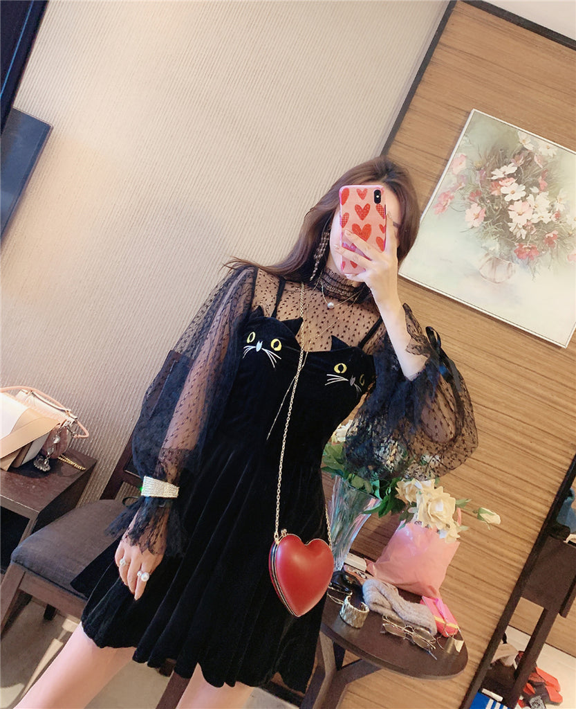 LACE LOOSE TOP+CAT EMBROIDERIED DRESS BY71076