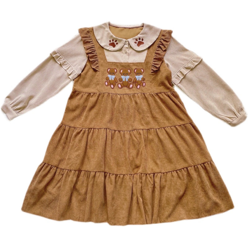 Original Lovely Japanese bear embroidered corduroy long sleeve dress BY900020