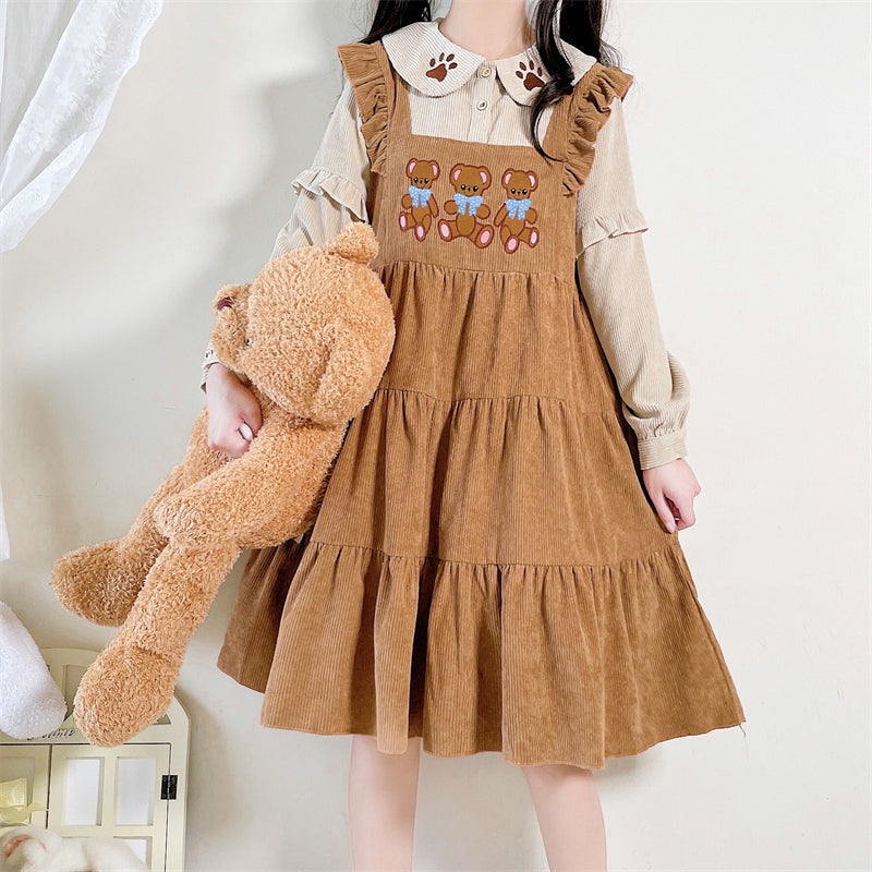 Original Lovely Japanese bear embroidered corduroy long sleeve dress BY900020