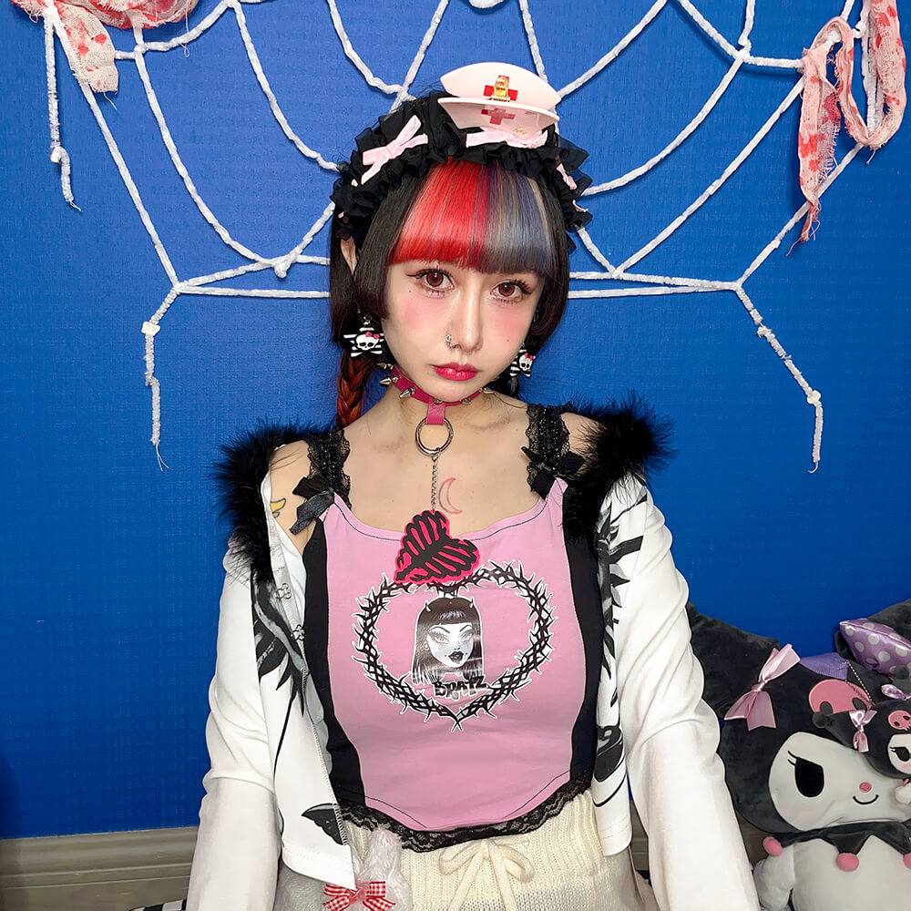 Harajuku cartoon printed lace punk vest by0141