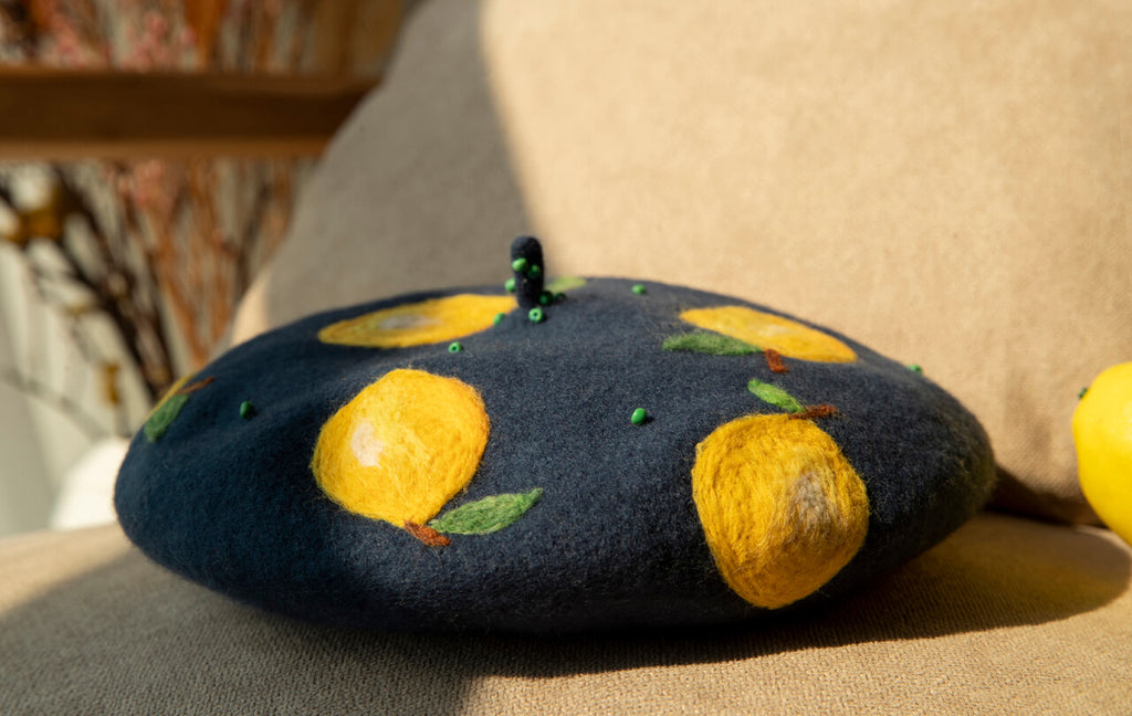 Handmade wool felt lemon Beret by0148