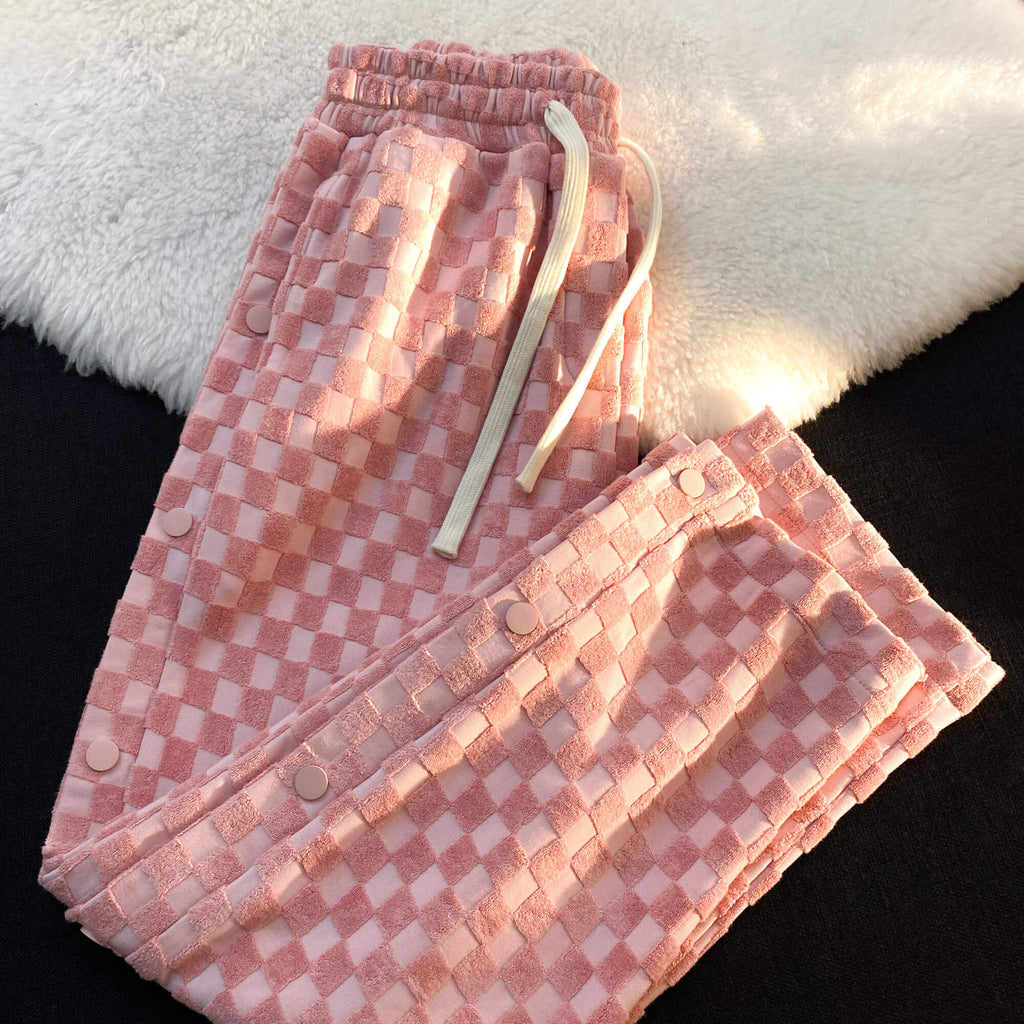 Cream pink checkerboard Plush straight pants by5011