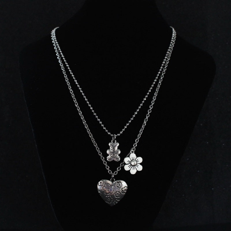 TWO NECKLACES TITANIUM STEEL BEAR FLOWER LOVE NECKLACE BY13011