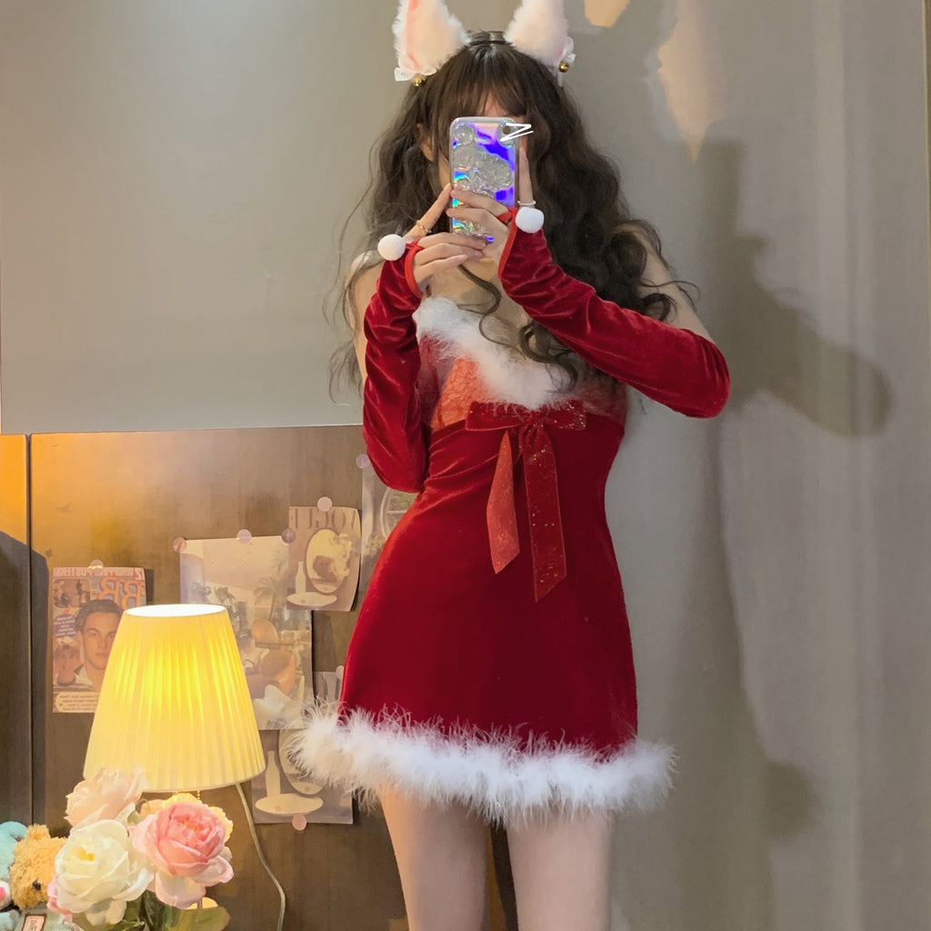 Christmas Plush bow suspender dress by9022