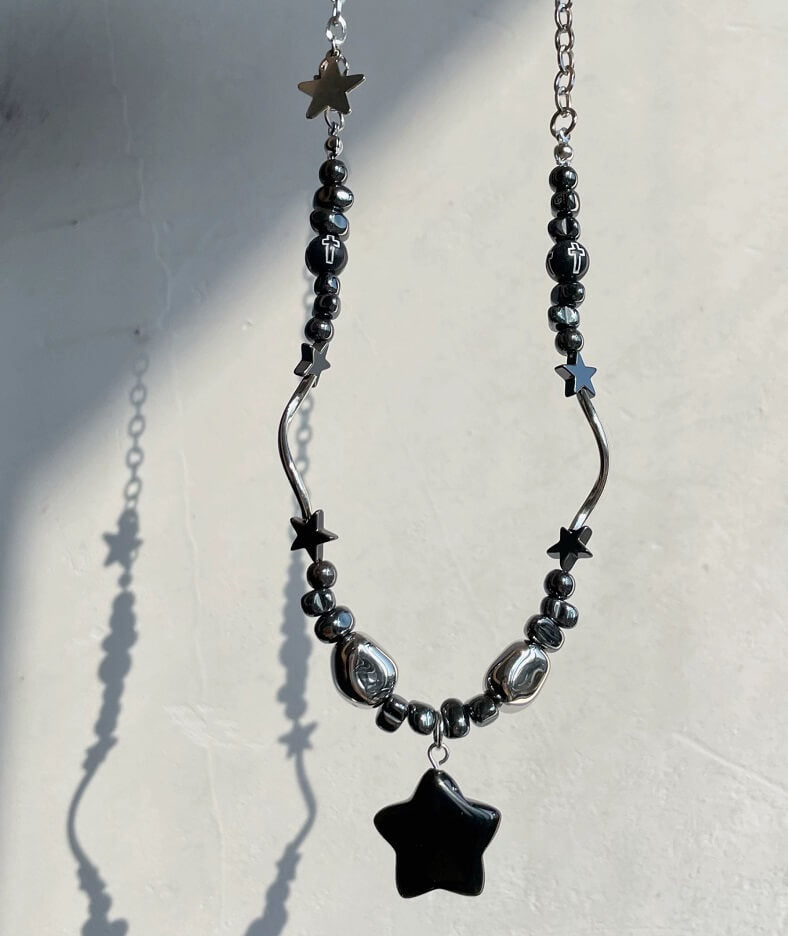 Five Pointed Star Dark Gothic Gravel Cross Necklace by12282